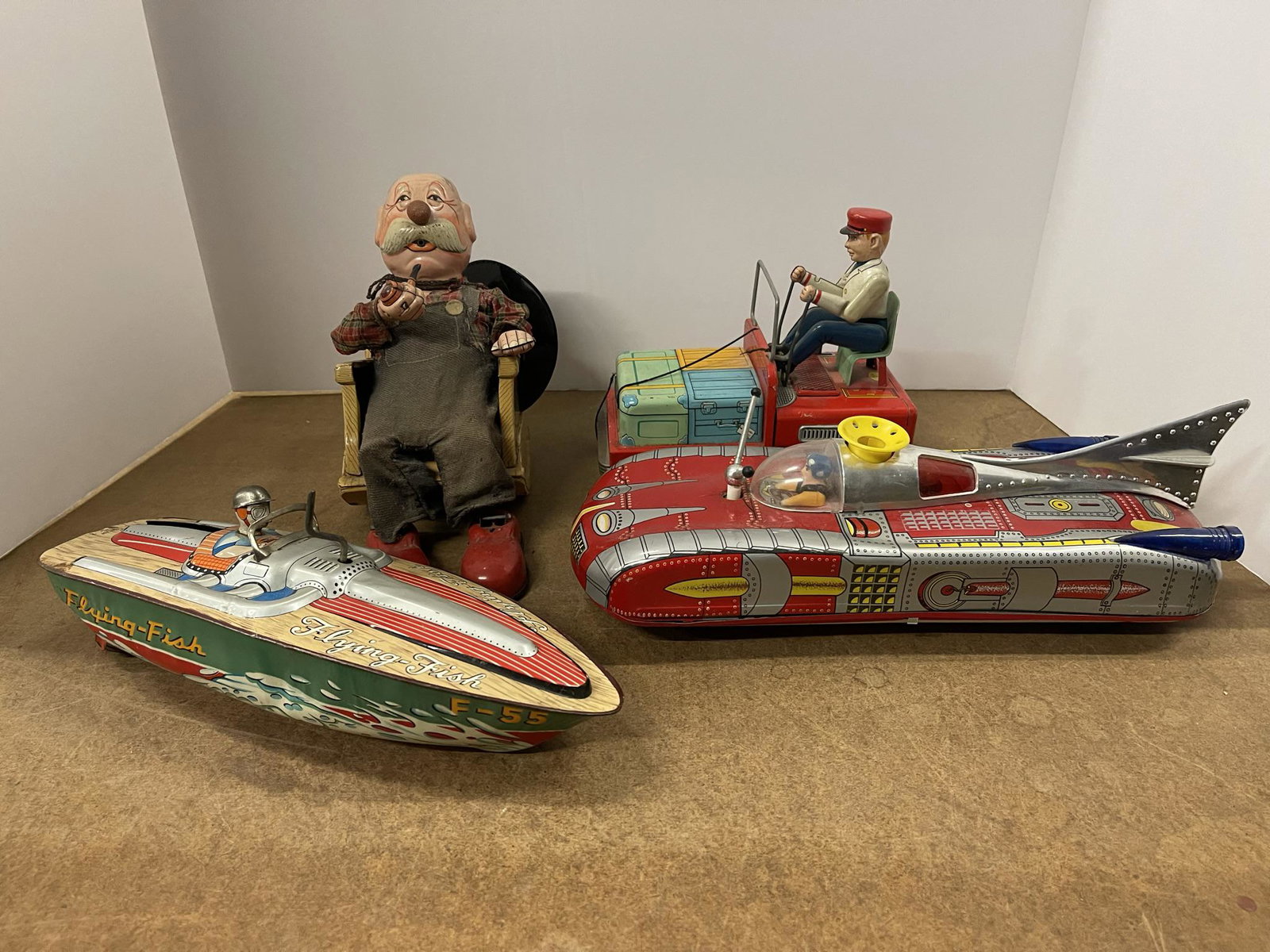 4 Tin Toys, Boat, Grandpa,Space Car, Tow Motor: Lot 4 Tin Toys, Boat, Grandpa,Space Car, Tow Motor -