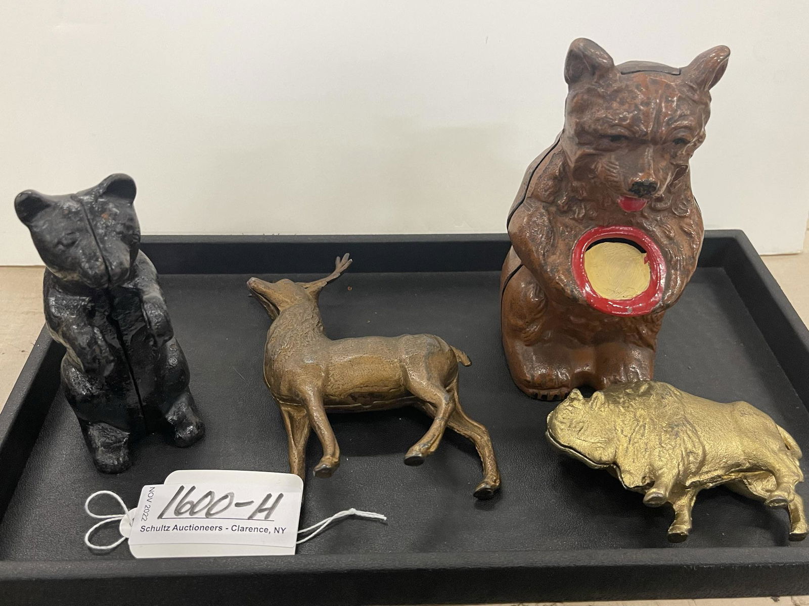 Lot of 4 Cast Iron Still Banks: Lot of 4 Cast Iron Still Banks, 2 Bear, 1 Deer and Buffalo -