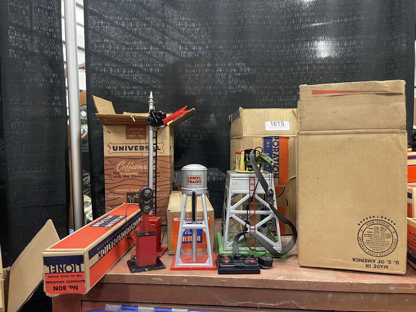 Lionel Train Accessories, boxes: Lionel Train Accessories, 136 Station, 165 Magnetic Crane, 93 Water Tank, 80N Semaphore, Marx Semaphore -