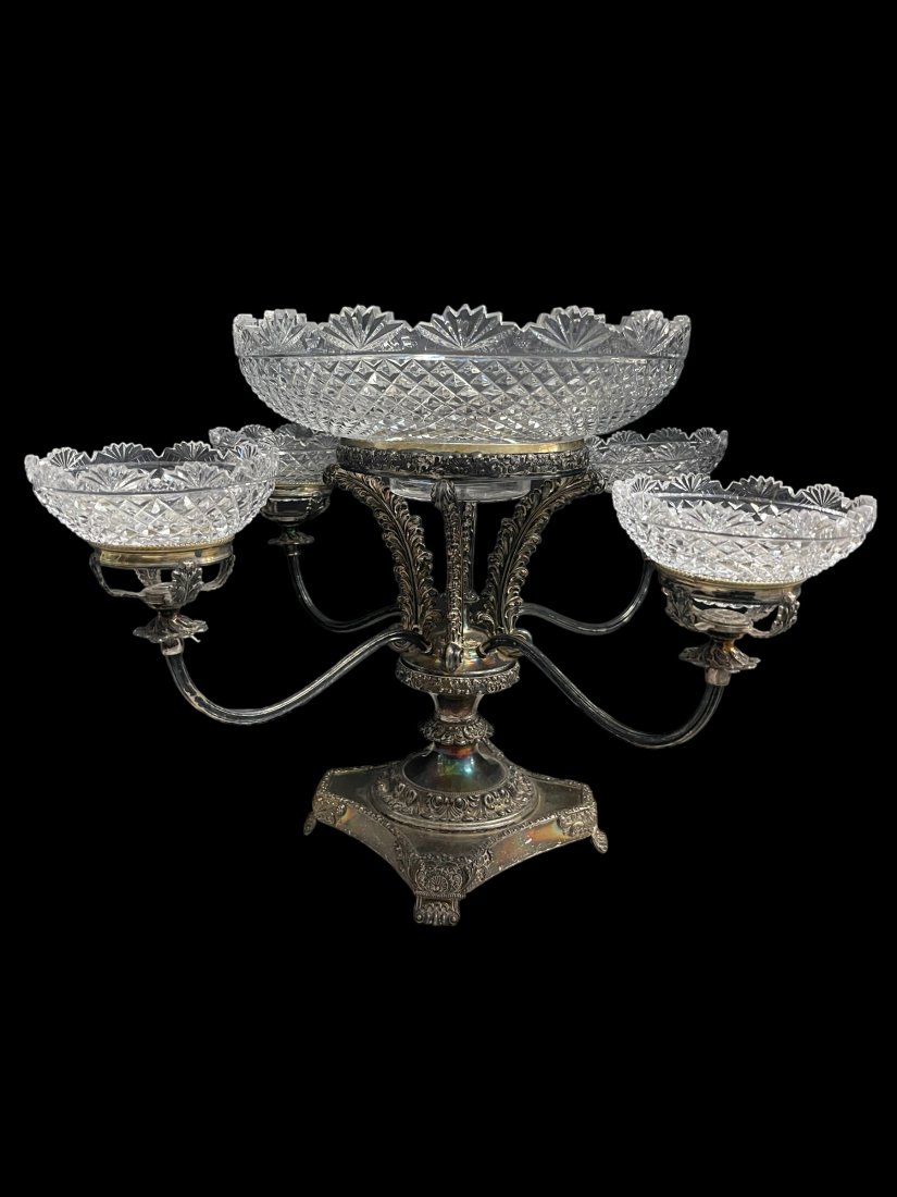 Elaborate Silver Plated Epergne With Finely Cut Cut Glass (1 of 6)