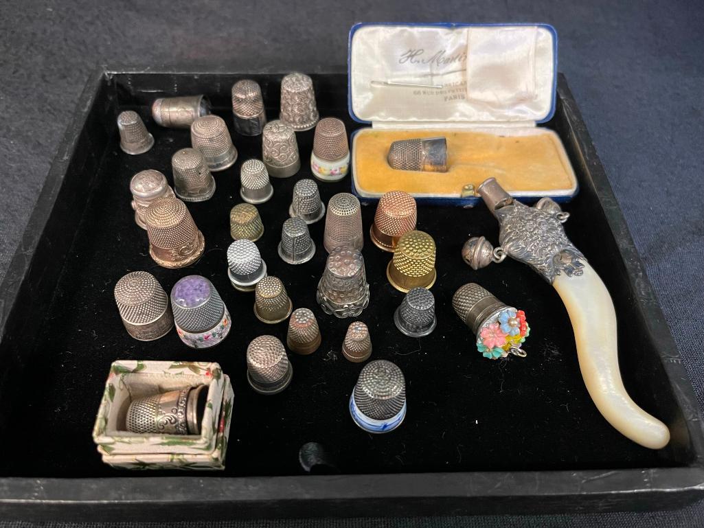 Group of Thimbles, Some Sterling, etc: Group of Thimbles, Some Sterling, Enamel "For a Good Girl" etc