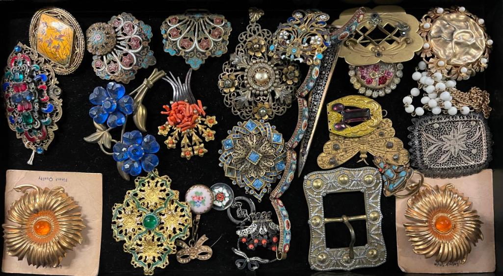 Tray of Pins, Buckles, Micro-Mosaic Bracelet, etc (1 of 5)