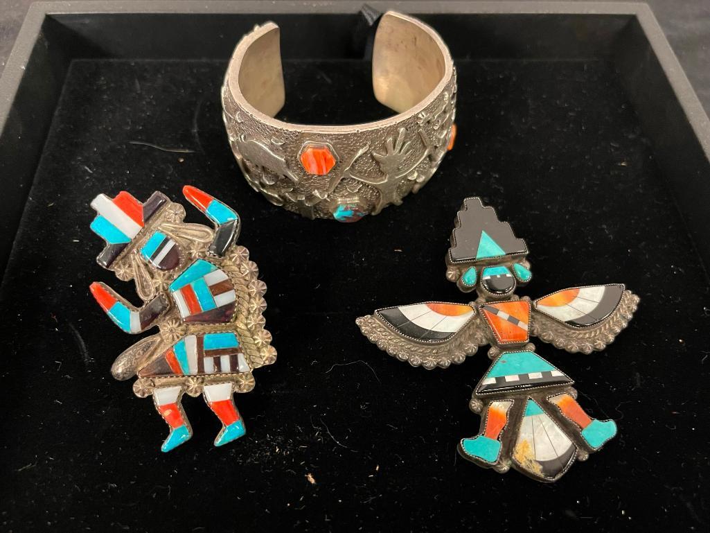 Signed Zuni Bracelet w/ Figures & Stones (1 of 9)