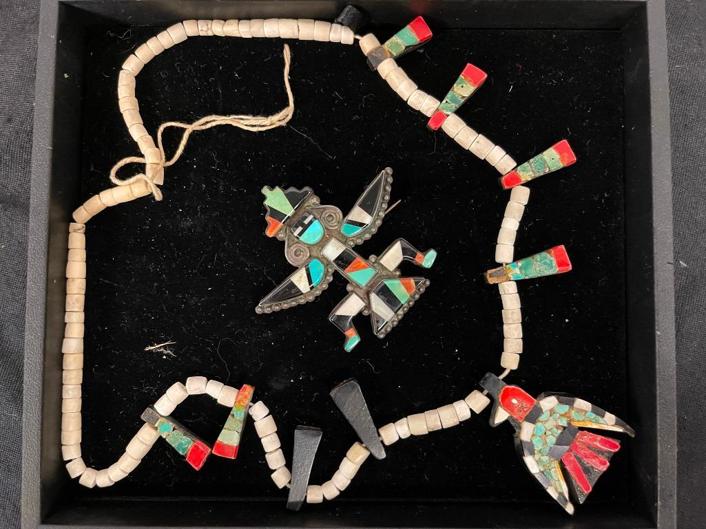Zuni Figural Pin w/ Turquoise, inlay, bird necklace (1 of 7)