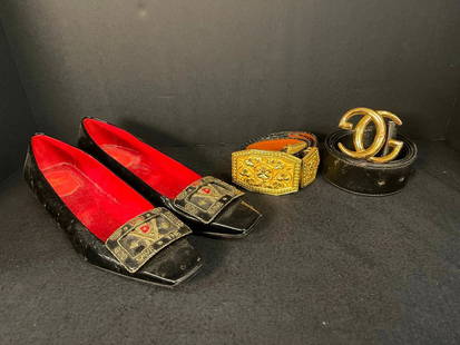 Gucci & Alexis Kirk Buckles & Roger Vivier Shoes: Leather Belt w/ Gucci Buckle, Lizard belt with Alexis Kirk Buckle & Pair of Roger Vivier Patent Leather Shoes with God Save the Queen Buckle (size 38)