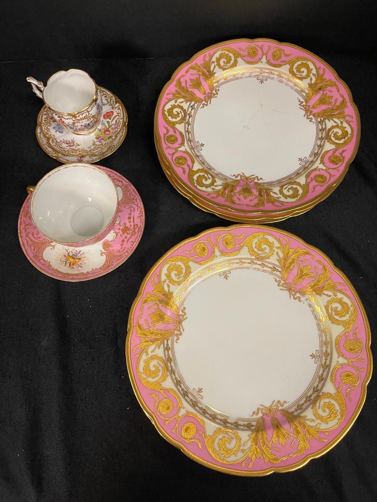Group of Dishes incl Dinner plates, cups, saucers etc: 6 Dinner Plates with pink and gold design, marked on back, probably French, Dresden cup and saucer, Small French demitasse cup and saucer