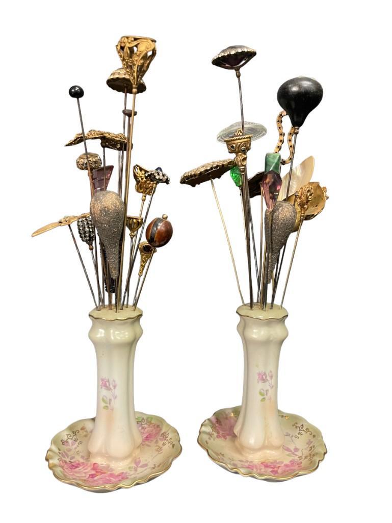 Pair of R.S. Hand Painted Hat Pin Holders w/ Hat Pins (1 of 10)