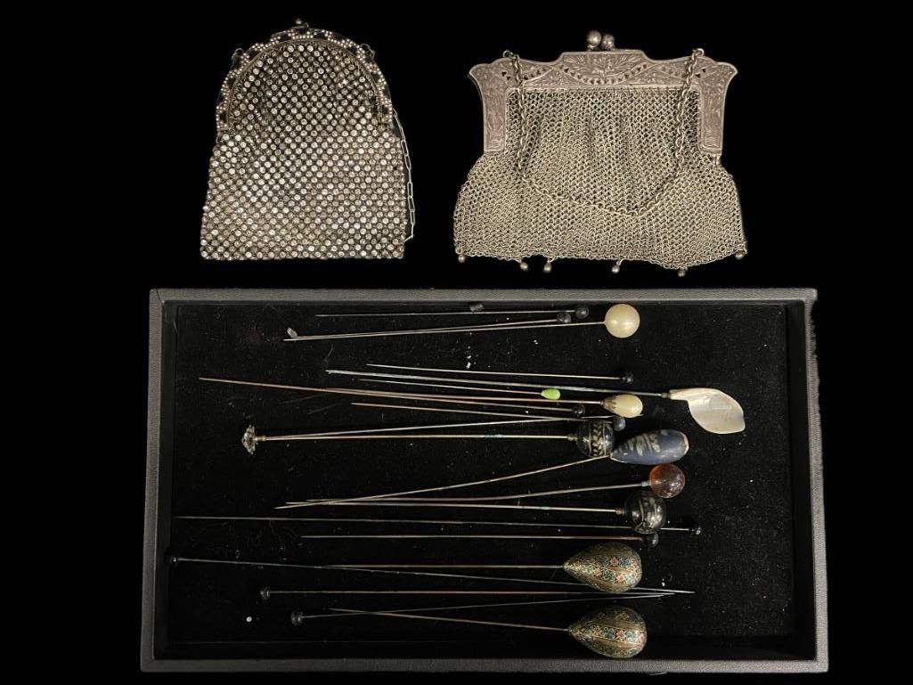 German Silver Mesh Bag, Art Deco Mesh bag, Hat pins (1 of 8)