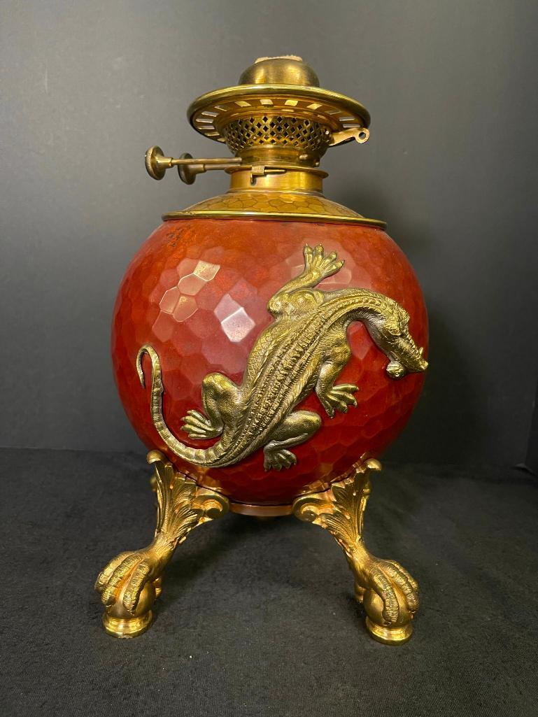 Brass Oil Lamp, Ball & Claw Feet, Alligator (1 of 6)