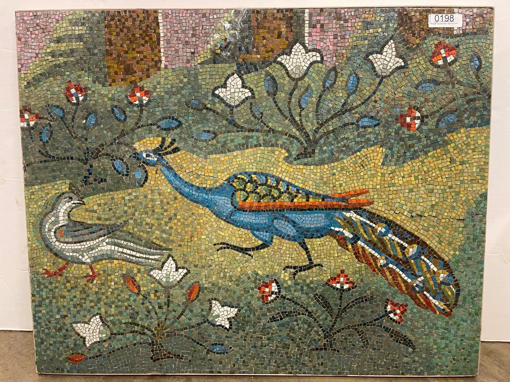 Intricate Mosaic Piece w/ Peacock, flowers etc: Intricate Mosaic Piece w/ Peacock, flowers etc (some pieces may be missing or not attached) approx. 37.5" x 30.5"