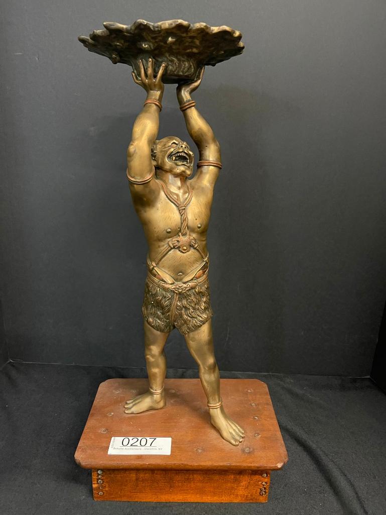 Signed Bronze Asian Devil Figure on wood base (1 of 6)