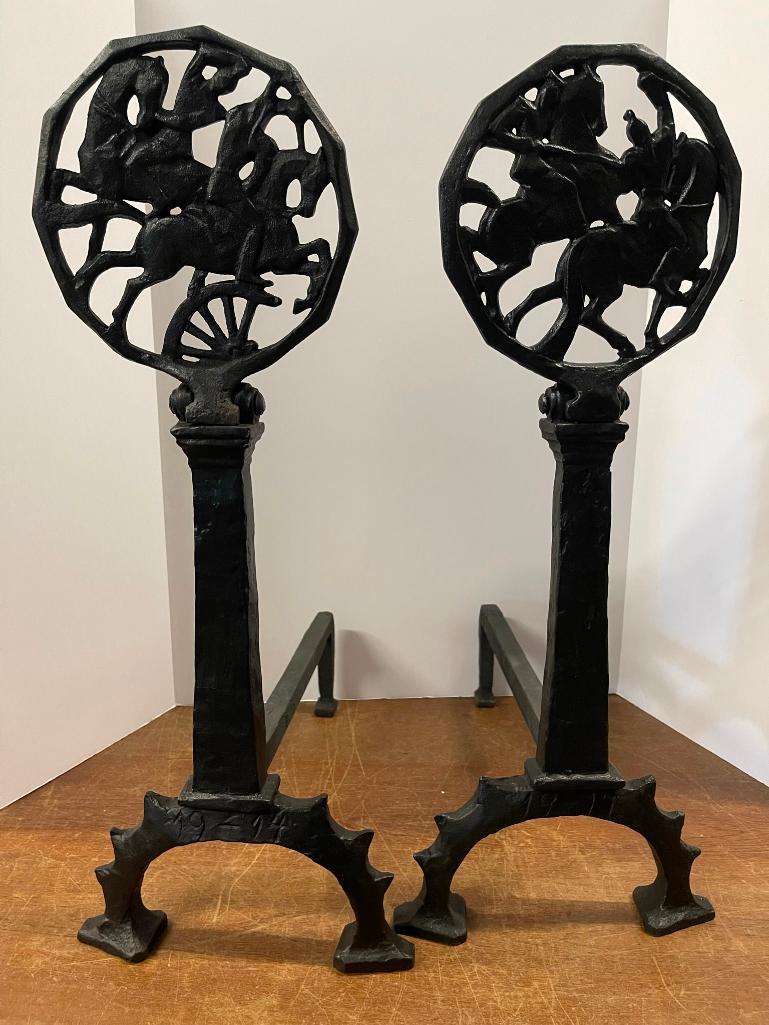 Art Deco Andirons w/ Unusual Hinged Top: Art Deco Andirons w/ Unusual Hinged Top Medallion, Men on horseback, approx. 11" x 26.5"