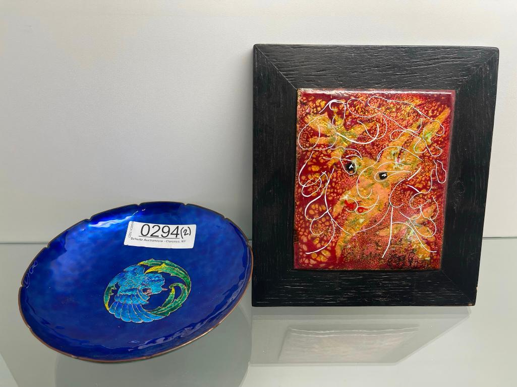 2 Enamel on Copper Pieces incl Dish & Tile, signed (1 of 7)