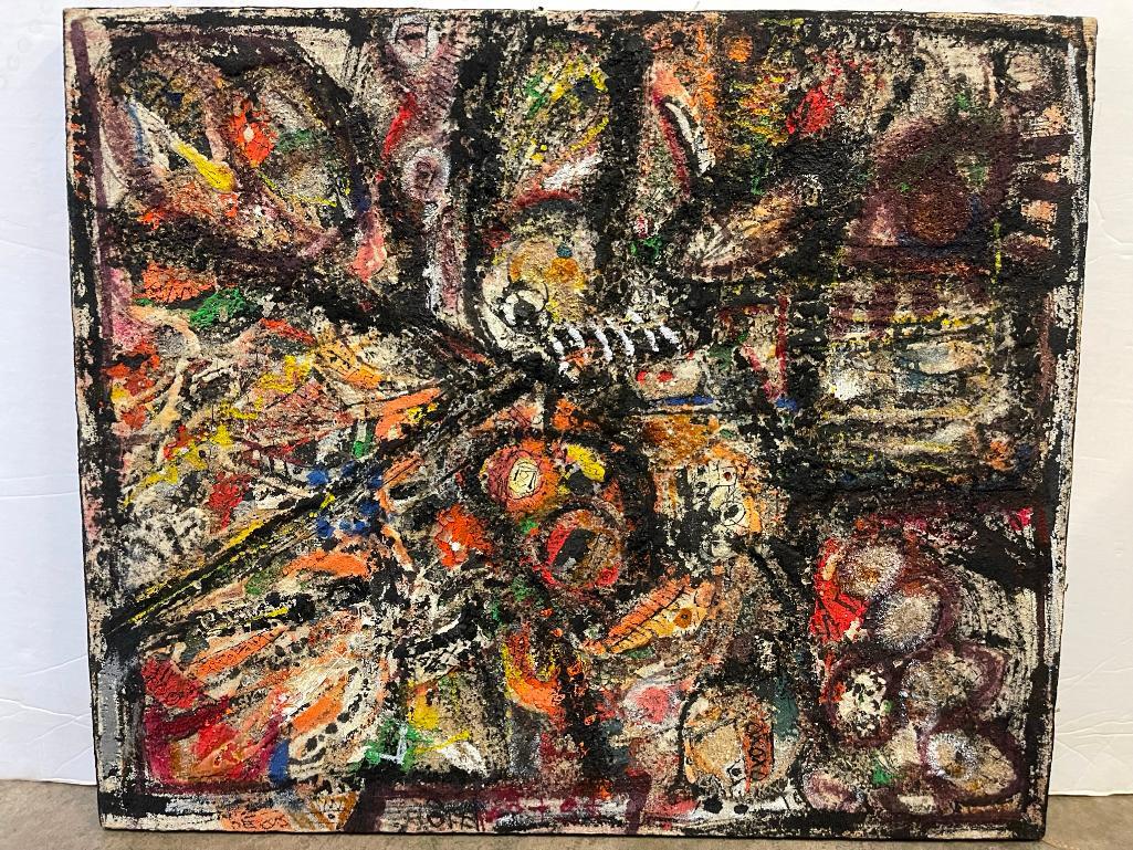 Modernist Mixed Media Work on Burlap: Modernist Mixed Media Work on Burlap approx. 20" x 24"