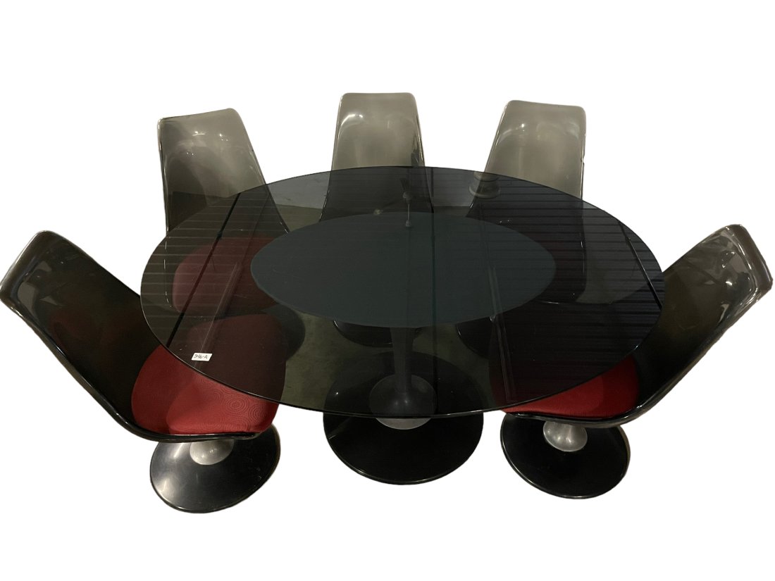 Vintage Chromecraft Tulip Dining Table Set: Vintage Chromecraft Tulip Dining Table Set, Smoked Glass, 5 Chairs, approx 46" x 60" x 29"