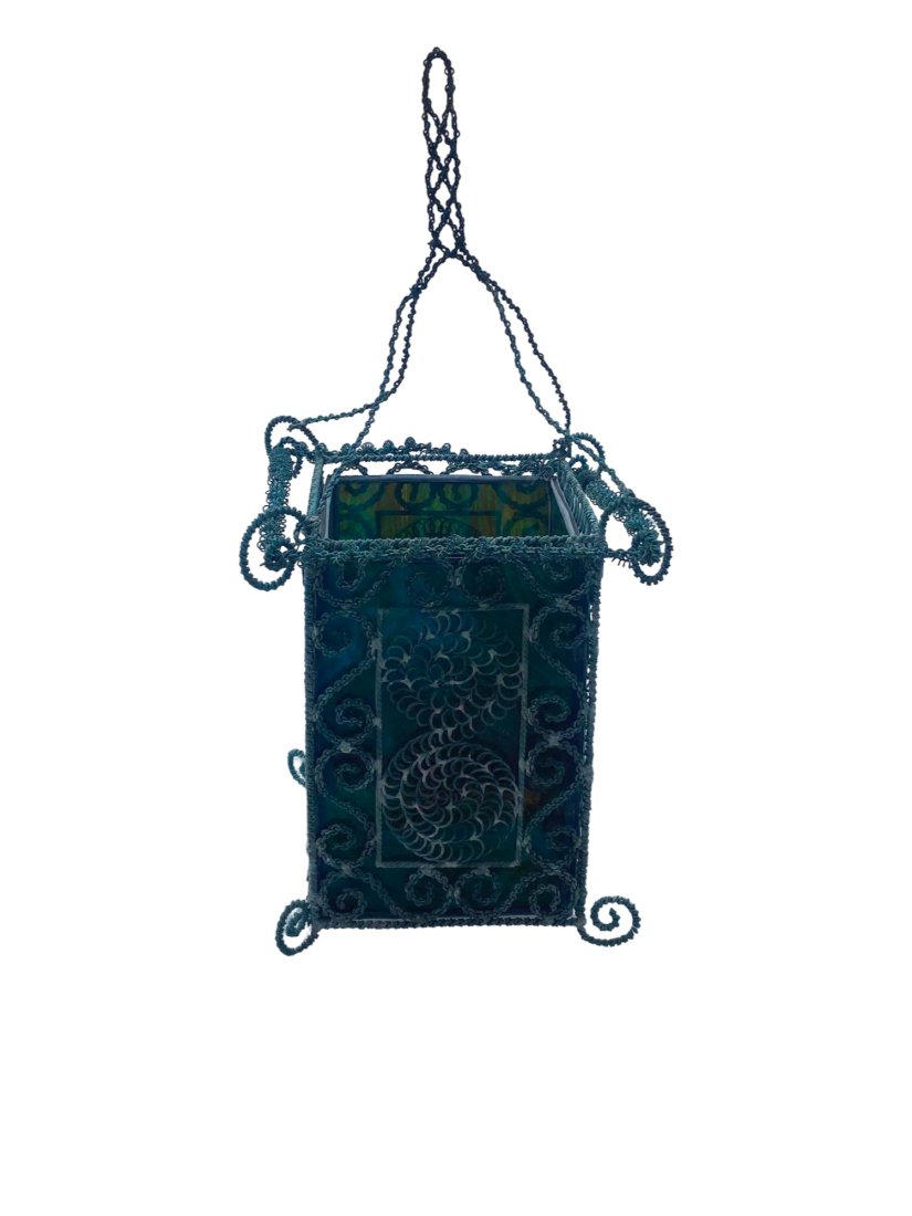 Unusual Slag Glass and Twisted Metal Hanging Fixture: Unusual Slag Glass and Twisted Metal Hanging Fixture, Approx 27"H x 12" x 12"