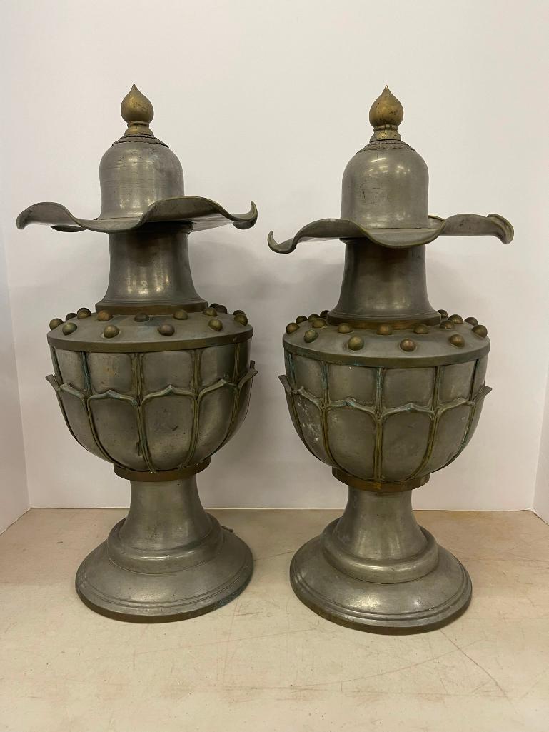 Pair of Pewter Urns w/ Lotus Leaves (1 of 8)
