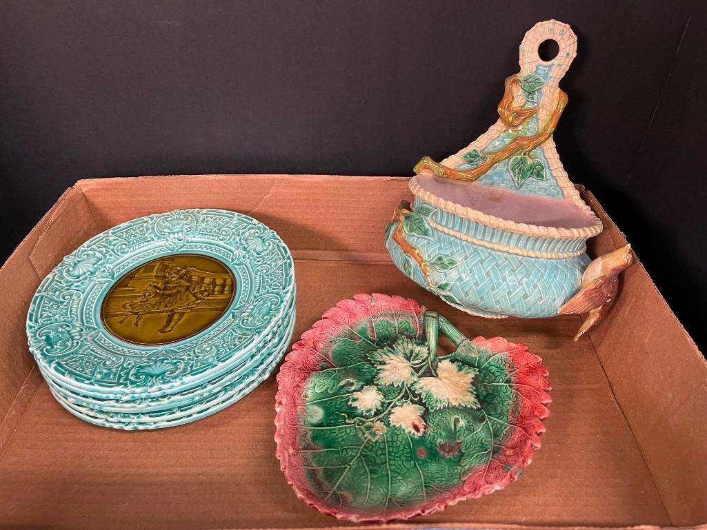 Majolica Lot, Wall Pocket w/ Bird, 6 Plates, etc (1 of 9)
