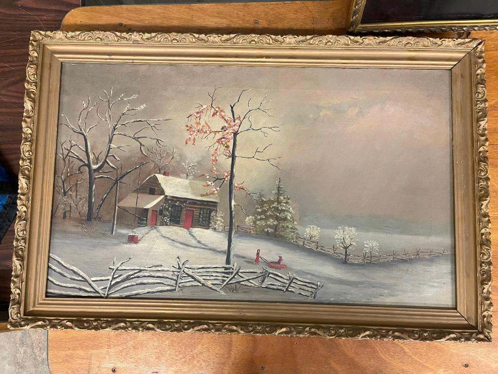 Folk Art Oil on Canvas Winter Scene Painting (1 of 4)