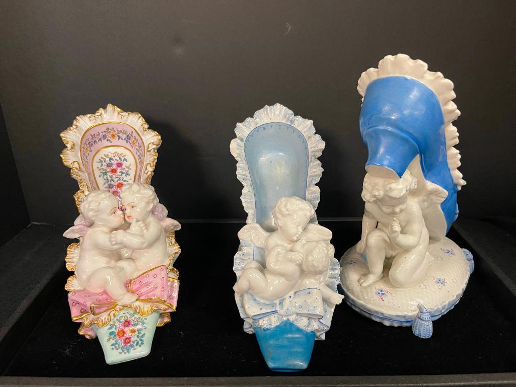 Vases incl. Meissen Porcelain Shoe w/ Cherubs: Meissen Porcelain Shoe w/ Cherubs Vase & 2 similar vases, approx 4" x 5.5" x 8"