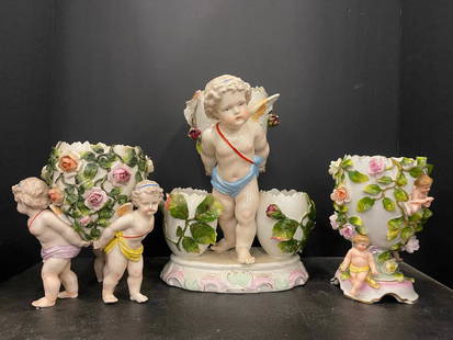 3 Porcelain Cherub Vases with crossed sword marks: 3 Porcelain Cherub Vases with crossed sword marks, possibly Meissen, tallest approx. 11" h