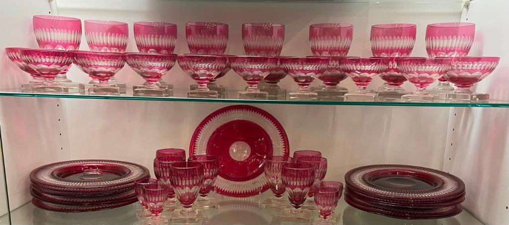 Cranberry Cut to Clear Set of Sherbets, etc: Cranberry Cut to Clear Set of Sherbets, Wine Glasses, cordials, dessert plates, all hand blown & cut, approx. 49pcs, circa late 19th-early 20th C.