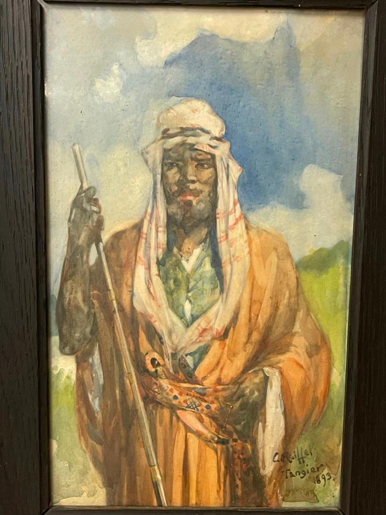 Watercolor of Arabic Warrior Signed C. Reiffel: Watercolor of Arabic Warrior Signed C. Reiffel, Tangier 1893 (Charles Reiffel), frame approx. 12.5" x 16.5"