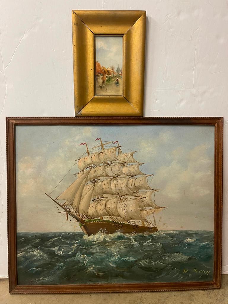 2pcs incl Oil on Board Painting of sailing ship signed (1 of 6)