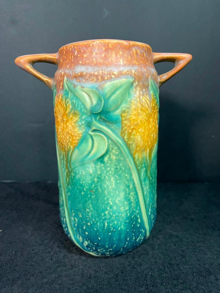 Roseville Art Pottery Sunflower Vase: Roseville Art Pottery Sunflower Vase with handles, approx 3" x 5" x 6"