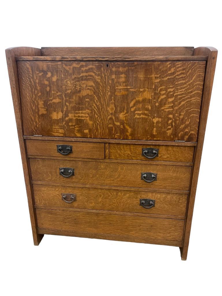 Gustav Stickley Oak Drop Front 6 Drawer Desk (1 of 12)