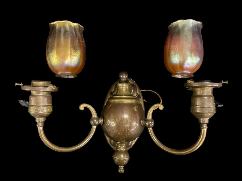 Tiffany Signed Art Glass Shades w/ 2 Arm Wall Sconce (1 of 7)