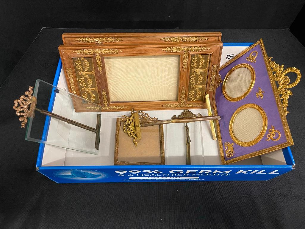 Brass & Wood Frames w/ Fabric and Omalous Mounts: Brass & Wood Frames w/ Fabric and Omalous Mounts etc approx 5.5" x 11"