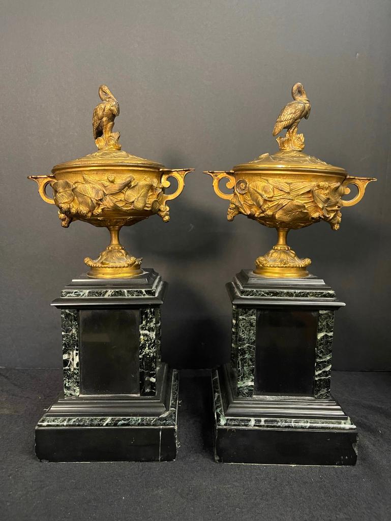 Pair Bronze Covered Urns w/ Bird Finials (1 of 10)