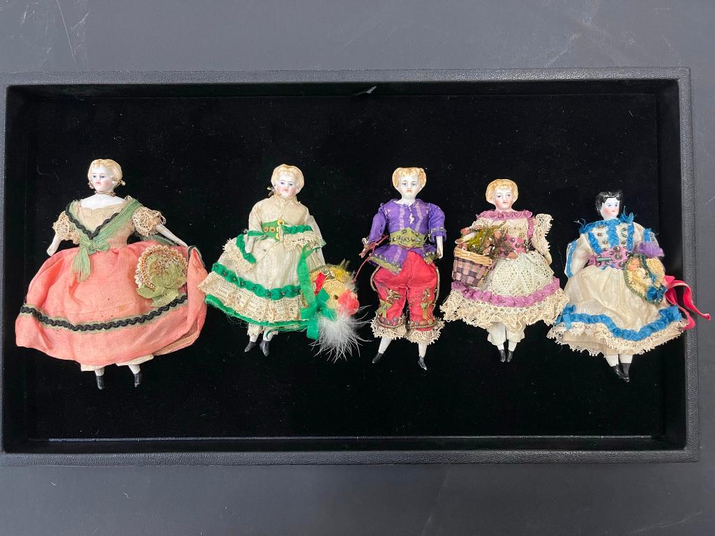 Tray of 5 Antique Miniature Dolls: Tray of 5 Antique Miniature Dolls in Fancy Dresses incl Porcelain Head, Bisque Head, Bisque Body etc