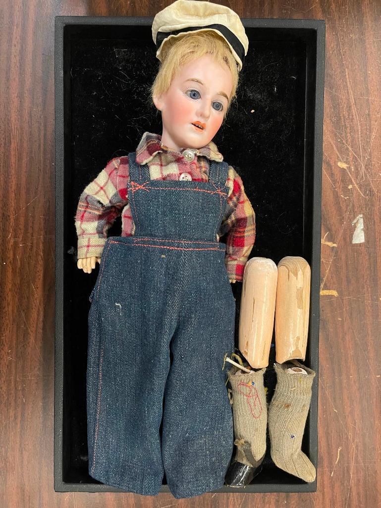 German Bisque Head Doll Dressed as Farmer: Bisque Head Doll Marked M1 on back of head, dressed as farmer, possibly German, approx 13" l