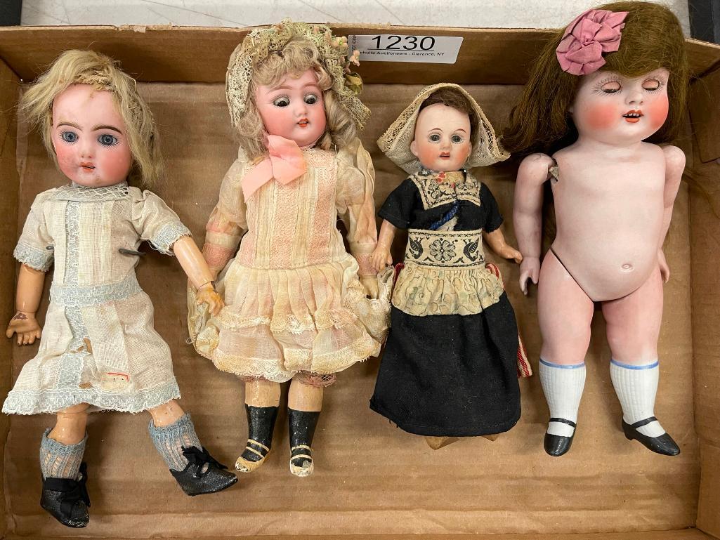 Box Lot of 4 German Bisque Head Dolls: Box Lot of 4 German Bisque Head Dolls incl. 1 full bisque body