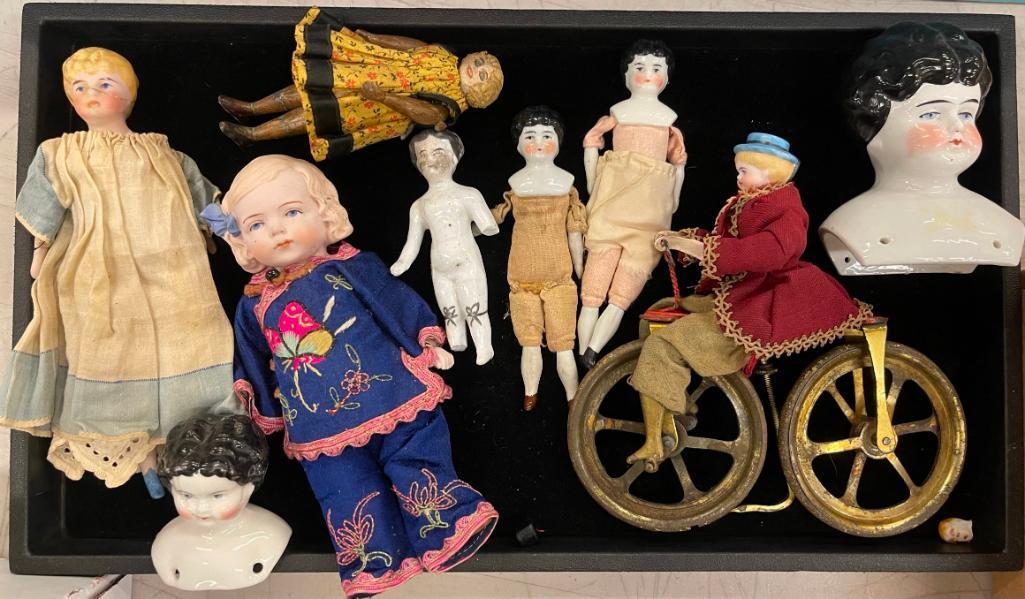 Tray Lot of Dolls incl Jenny Lind, Bisque etc: Tray Lot of Dolls incl Jenny Lind, Bisque head dolls, etc