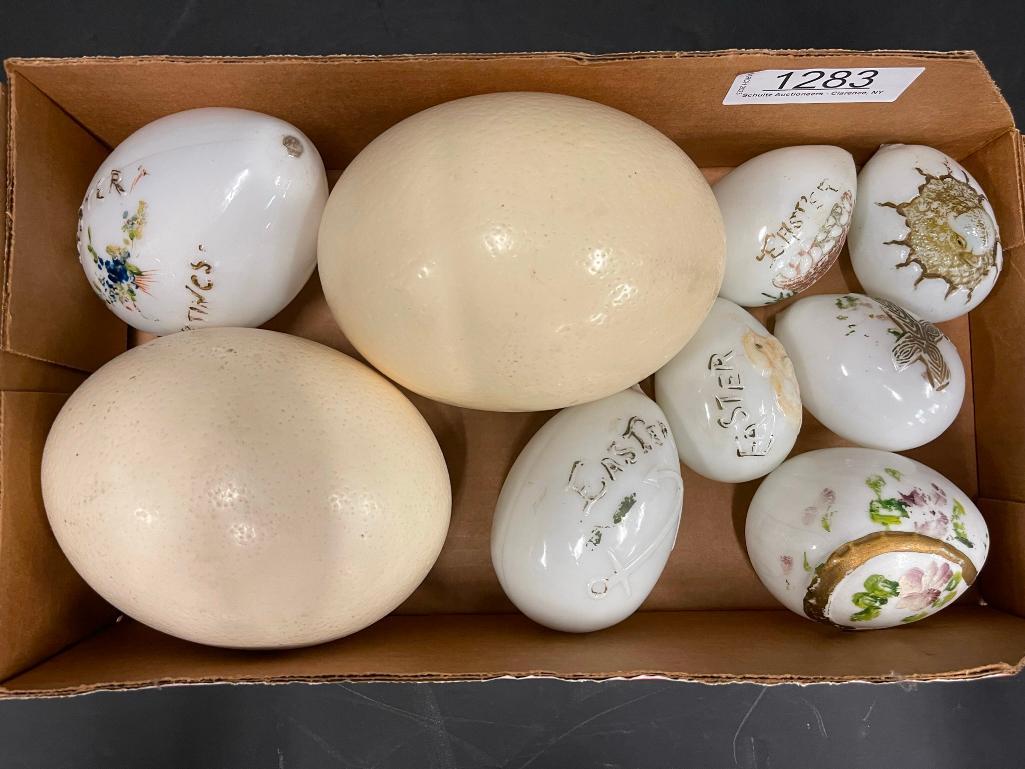 Glass Easter Eggs, Hand Painted, Embossed, etc: Glass Easter Eggs, Hand Painted, Embossed, 2 ostrich eggs etc