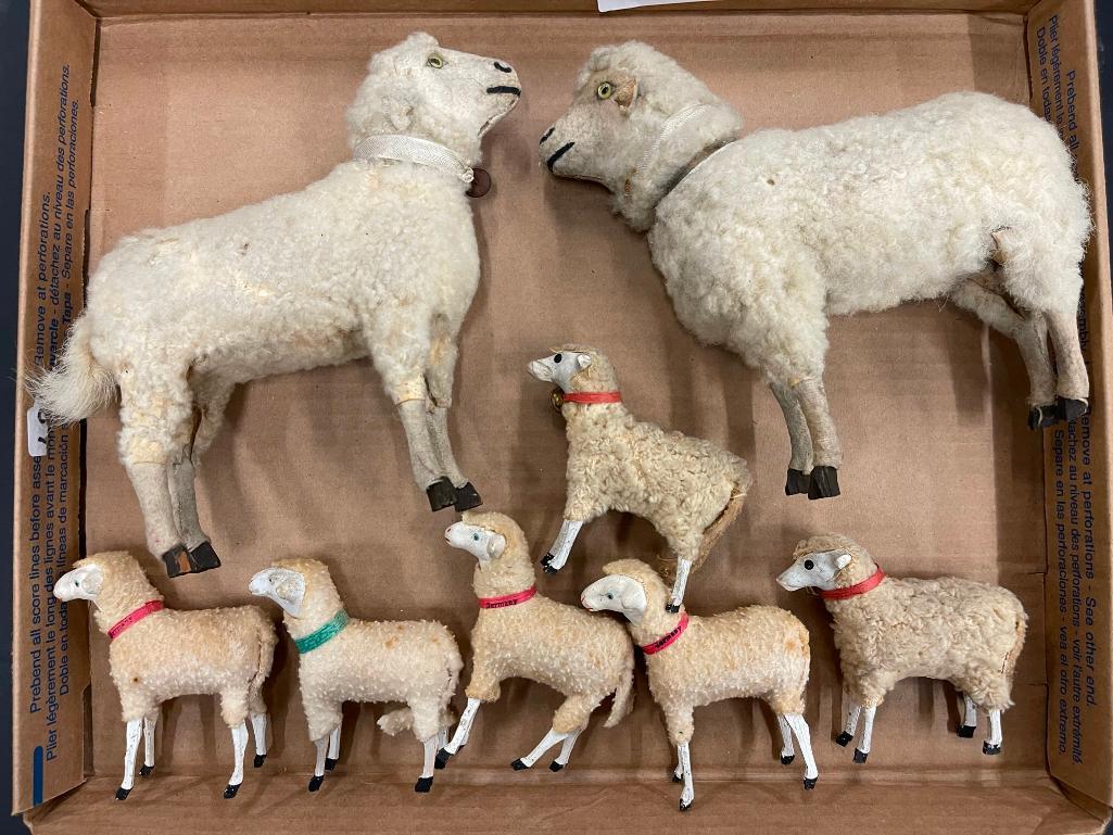 2 Large Sheep Candy Containers, flock of sheep etc: 2 Large Sheep Candy Containers and Flock of 6 German Sheep approx 7" x 7" x 2.5"