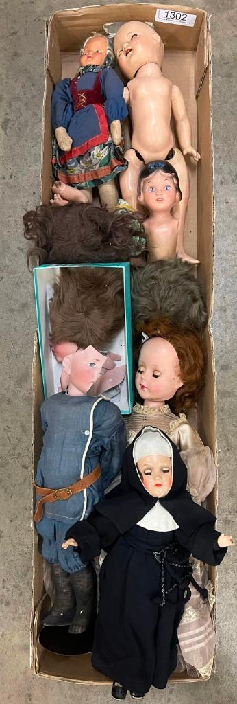 Box Lot incl. Rare German Boy Doll etc: Box Lot incl. Rare German Boy Doll (broken head), Composition Dolls incl Dressed Nun etc