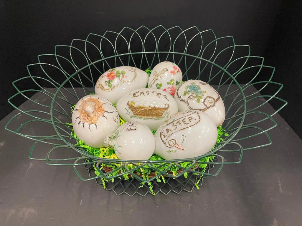 Lot of Decorated Easter Eggs, Hand Painted etc: Lot of Decorated Easter Eggs, Hand Painted, Hatching Chickens, wire basket etc