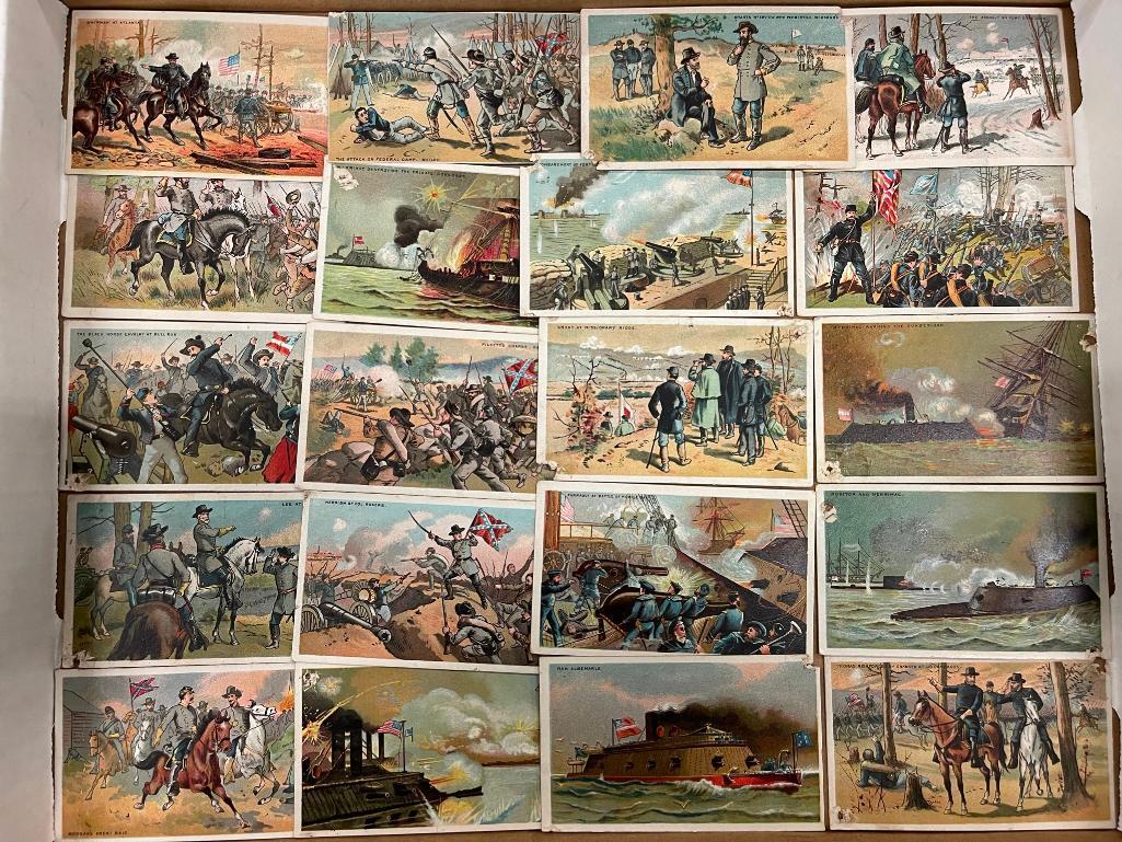 Mostly Civil War Military Cigarette Advertising Cards: Lot of Mostly Civil War Military Cigarette Advertising Cards from Honest Long Cut Chewing & Smoking Tobacco incl Battle Scenes