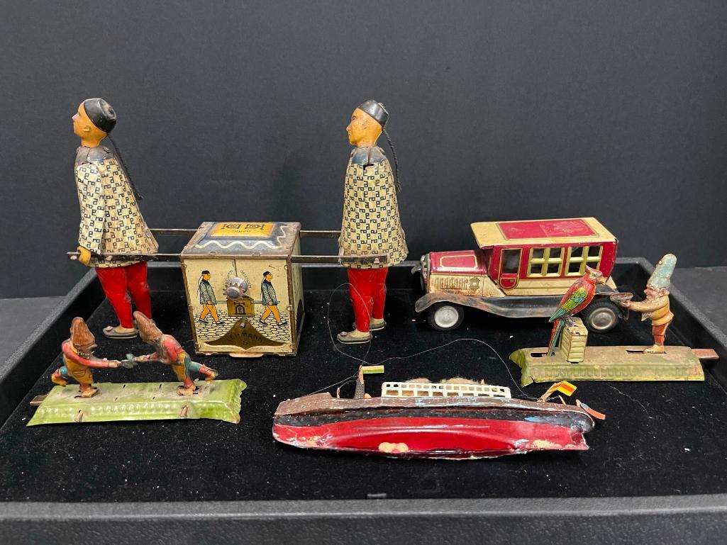 Early Lehmann Tin Wind Up Toy w/ Asian Figures: Early Lehmann Tin Wind Up Toy w/ Asian Figures, Friction Car, etc approx 2" x 7" x 5.5"