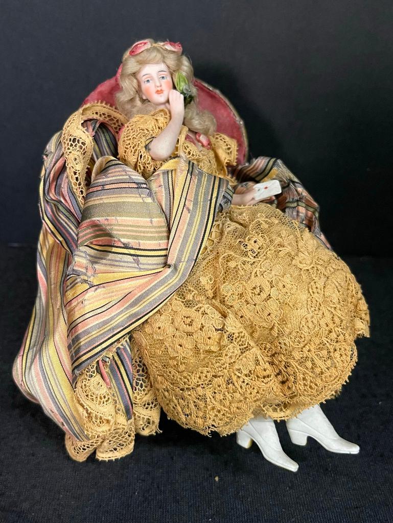 Small Bisque Lady with Letter: Small Bisque Lady with Letter and Brass and Velvet Chair approx 5.5" h