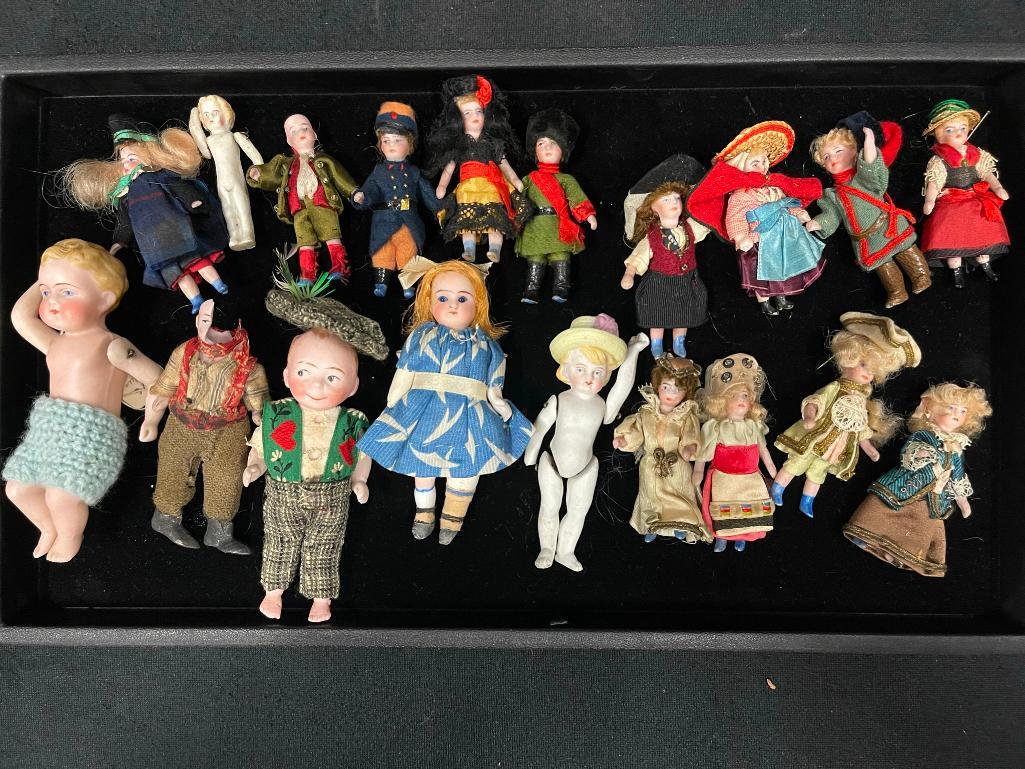 Group of Misc Miniature Bisque Dolls etc: Group of Misc Miniature Bisque Dolls, approx 13 are in foreign dress in original clothing etc,