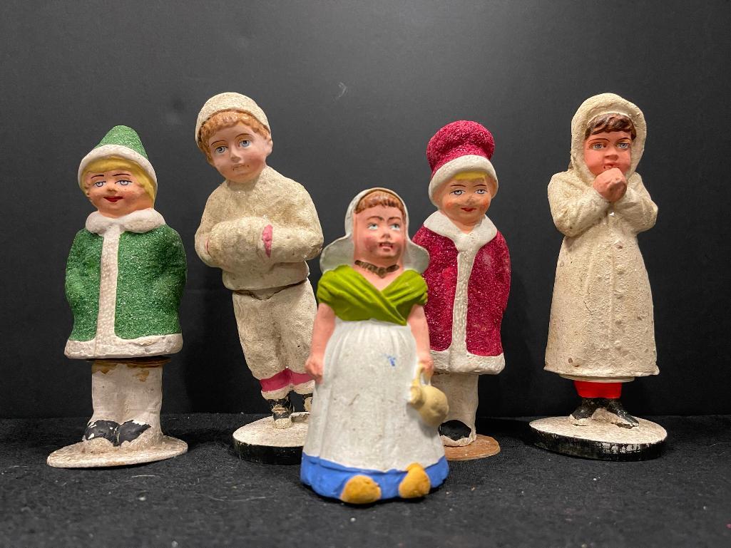 5 Christmas Hand Painted Candy Containers: 5 Christmas Hand Painted Candy Container Figures marked Germany, Paper Mache Decorated with glitter, approx 2" x 2" x 6.5"