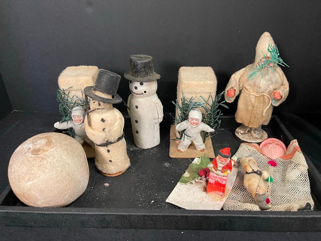 Group of Christmas Figures incl. Spun Cotton Figure: Group of Christmas Figures incl. Spun Cotton Figure of Snowman, 2 snow babies, Santa Claus with branches etc