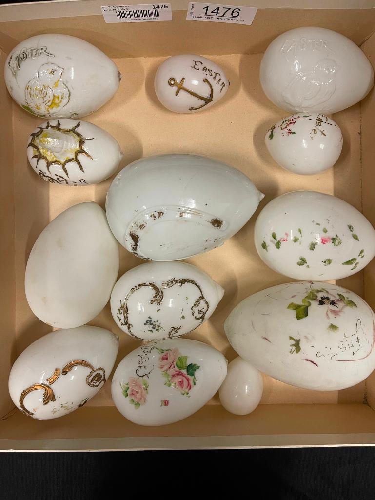 Lot of Glass Easter Eggs, Embossed, etc: Lot of Glass Easter Eggs, Embossed, Hand Painted, Hatching Chicken etc