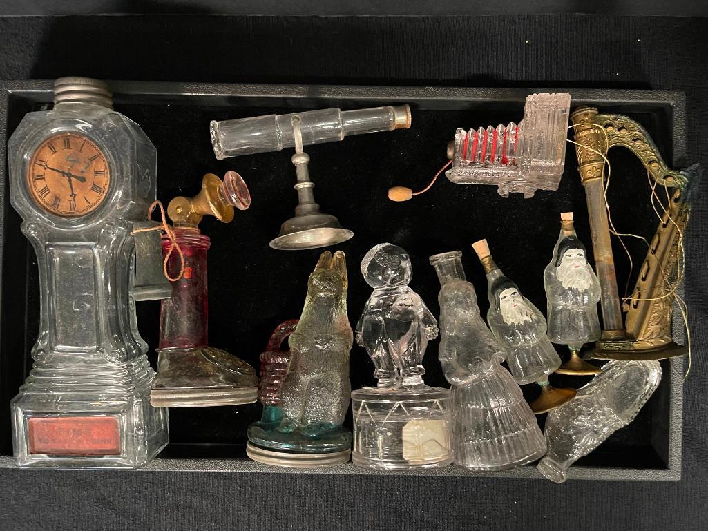 Tray of Early Candy Containers incl Santa Clauses: Tray of Early Glass Candy Containers incl Santa Clauses, Grandfathers Clock, Telephone, Telescope, rabbit, boy on drum, harp etc