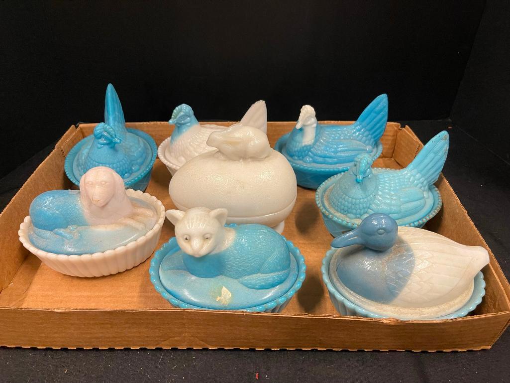 Blue Milk Glass Covered Chickens & Dog, etc: Blue Milk Glass Covered Chickens & Dog, Cat, Rabbit, Duck, approx 4" x 4" x 6"